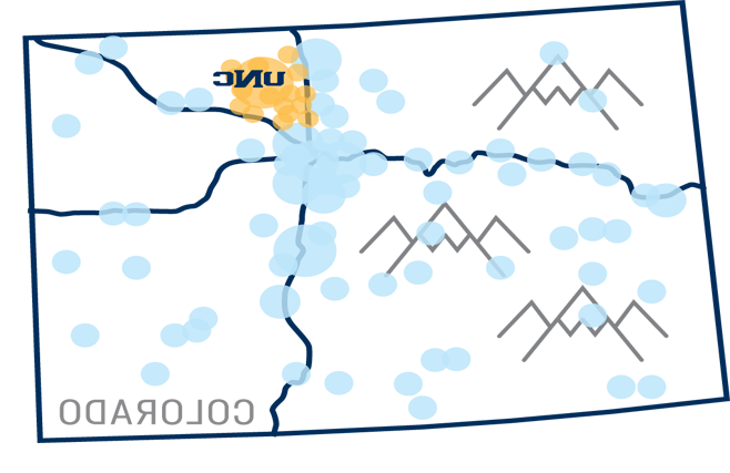 Map of Colorado highlighting locations where the majority of graduates are residing and working.